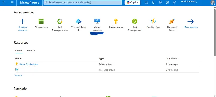 Azure portal main dashboard highlighting Virtual Machines