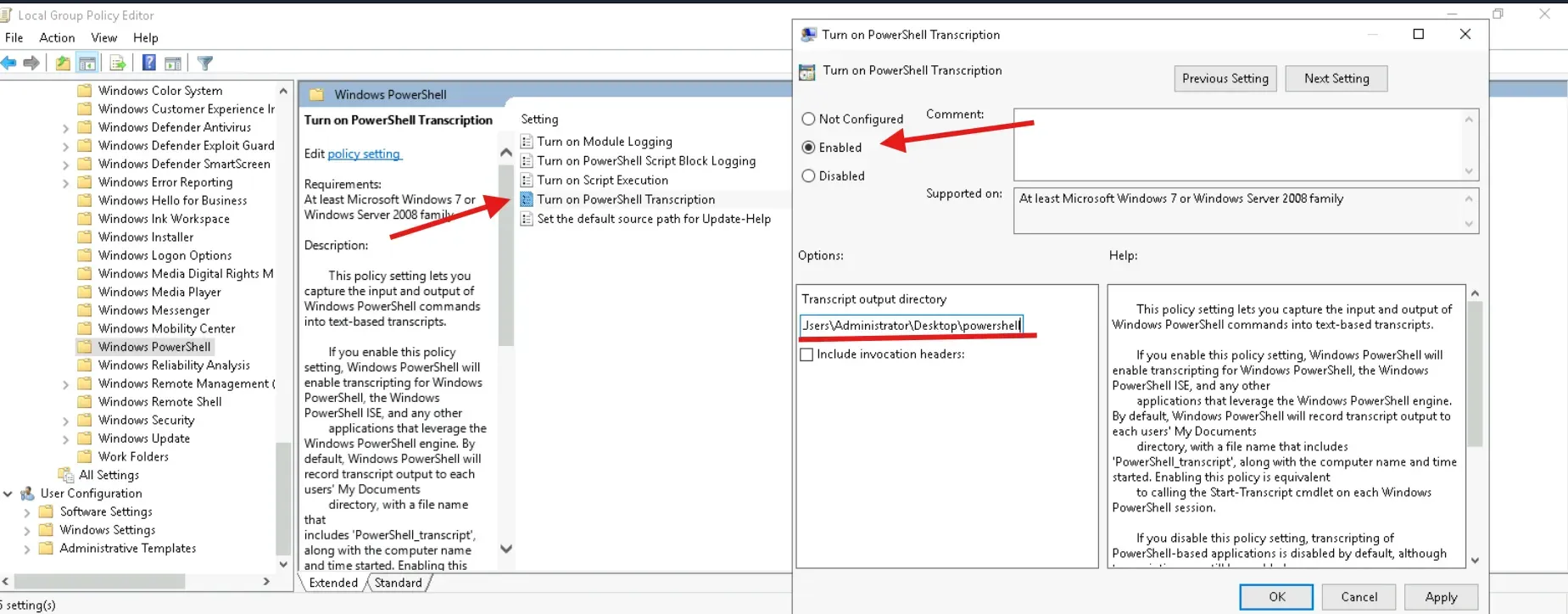 Enabling PowerShell Transcription in Windows Group Policy