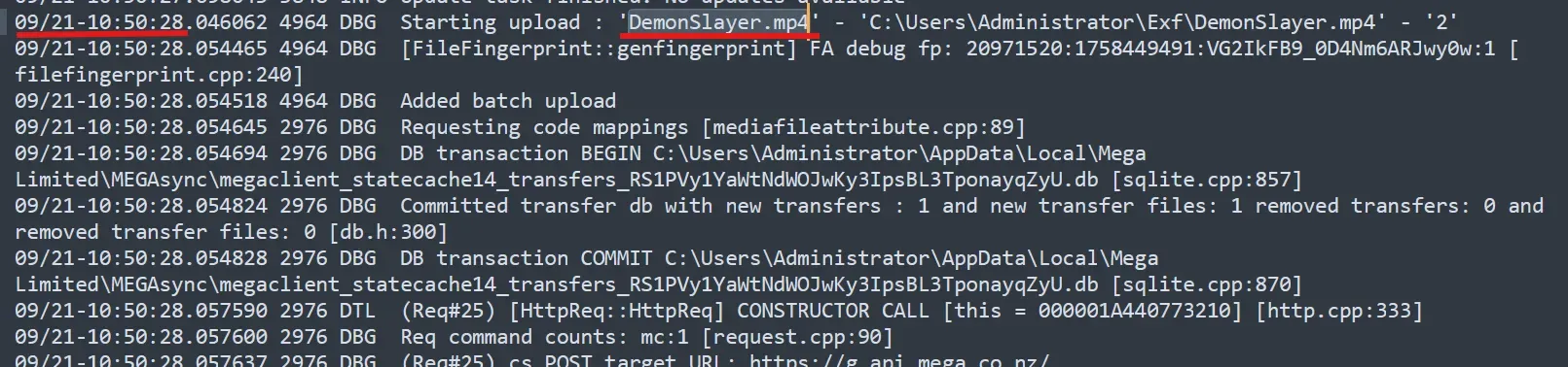 MEGAsync.log showing the upload of DemonSlayer.mp4 and timestamp