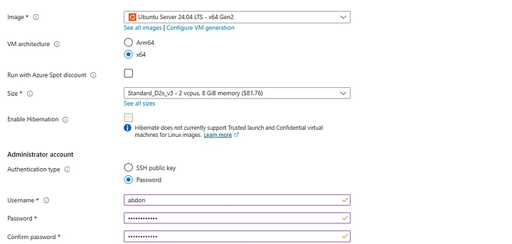 Virtual machine administrator account and port configuration