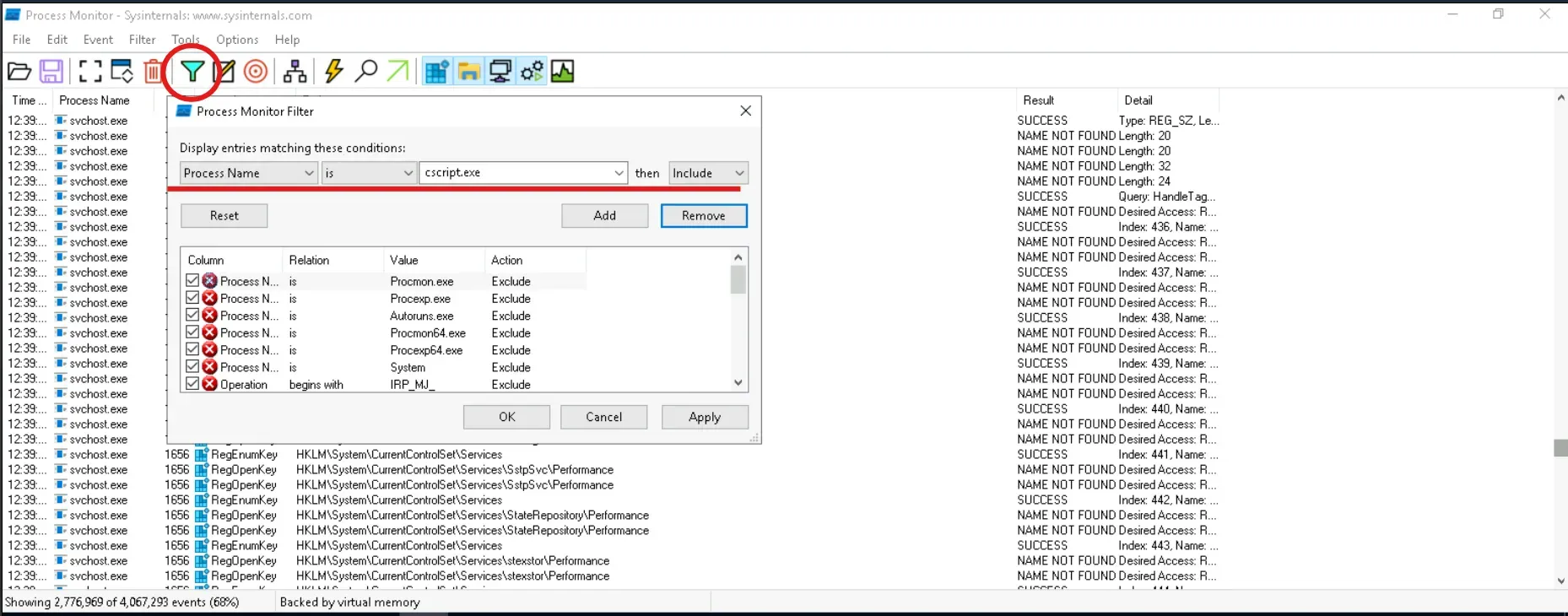 ProcMon filter setup for cscript.exe