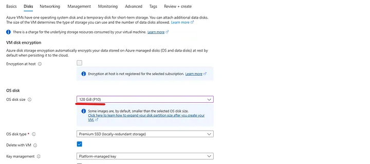 Configuring OS disk size to 128 GB