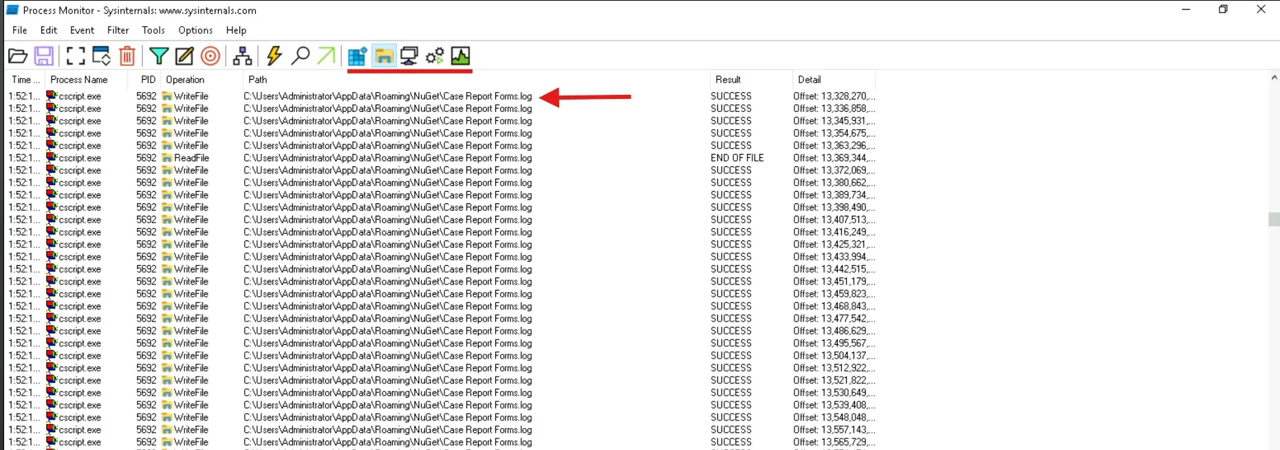 ProcMon log showing the creation of Case Report Forms.log
