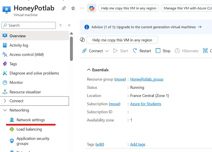 Navigating to the Networking tab in Azure