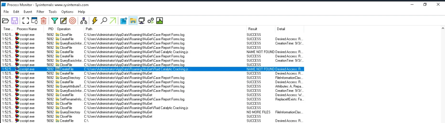 ProcMon log showing the creation of Fluid Catalytic Cracking.js