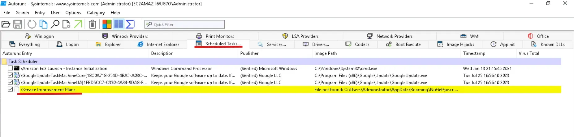 Autoruns output showing the malicious scheduled task