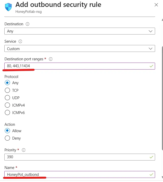 Adding outbound port rules in Azure